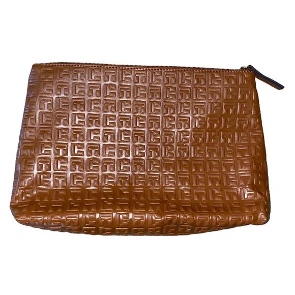 Tommy Hilfiger Faux Leather TH Embossed Brown Gold Accent Zipped Pouch Bag 13"x8 - Picture 6 of 12